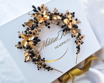 Black Flower Jeweled Headband: Rhinestone & Gold Bead Crown  display picture 3