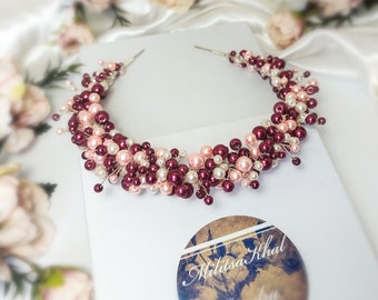 Burgundy & Pink Pearl Headband / Red headpiece / Formal jewellery / Hair accessories/ Womens jewelry Wedding headpiece / Statement hairpiece