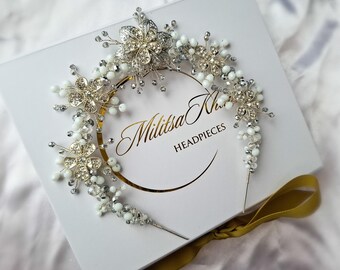 Silver & White Flower Headband / Statement Bridal Headband / silver Headpiece / silver hair jewellery / Hair accessories / Wedding jewelry