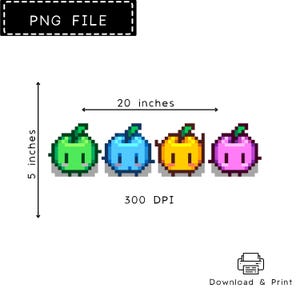 Pode incluir: Quatro ilustrações de maçãs em pixel art de diferentes cores: verde, azul, amarelo e rosa. Cada maçã tem um rosto bonito com olhos e um sorriso. A imagem tem 20 polegadas de largura e 5 polegadas de altura, com uma resolução de 300 DPI.