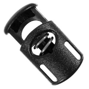 May include: A black cord lock with a textured surface. The cord lock has a cylindrical shape with two parallel metal springs visible inside. Two rectangular slots are on the side of the cord lock.