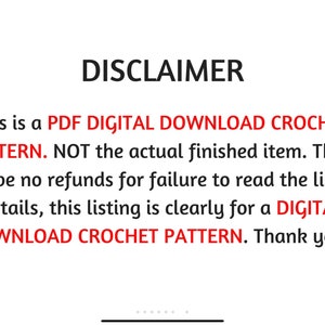 K&ouml;nnte beinhalten: Ein Haftungsausschluss in roter Schrift auf wei&szlig;em Hintergrund. Der Text lautet: "Dies ist ein PDF DIGITAL DOWNLOAD CROCHET PATTERN. NICHT der tats&auml;chliche fertige Artikel. Es gibt keine R&uuml;ckerstattung f&uuml;r das Nichtlesen der Listendetails, diese Liste ist eindeutig f&uuml;r ein DIGITAL DOWNLOAD CROCHET PATTERN. Danke!"