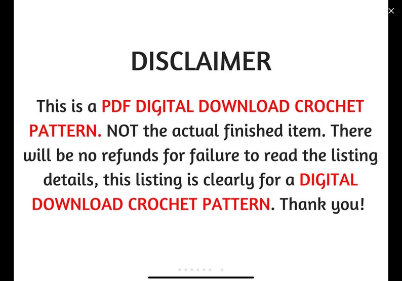 K&ouml;nnte beinhalten: Ein Haftungsausschluss in roter Schrift auf wei&szlig;em Hintergrund. Der Text lautet: "Dies ist ein PDF DIGITAL DOWNLOAD CROCHET PATTERN. NICHT der tats&auml;chliche fertige Artikel. Es gibt keine R&uuml;ckerstattung f&uuml;r das Nichtlesen der Listendetails, diese Liste ist eindeutig f&uuml;r ein DIGITAL DOWNLOAD CROCHET PATTERN. Danke!"