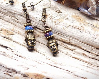 Ohrhänger, Buddha Ohrringe, Ohrkaken, 45x8mm Buddhaperlen Metall, Bronzefarbe Glasperlen, blau,  Vintagestil, Boho