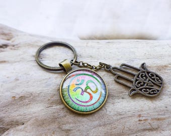 Schlüsselanhänger Om, 9x3cm, Anhänger, Glas Motivcabochon, Hamsa, Buddhistisch, Namaste, Yoga, bronze, Schlüsselbund, rund, Taschenhänger
