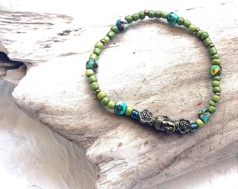 Perlenarmband, Busshaarmband, Stretcharmband, flexibel , Boho, Jaspisperlen, Rocailles , Grüntöne, Bronze,  unisex