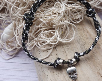 Surferarmband, Schnurarmband, verstellbar, 3mm, Schwarz, Weiss, Skull, nautische Knoten, Meer, Ozean, verstellbar, Reepschnur, Maritim