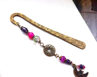 Lesezeichen Metallbügel 14x 2 cm, Vintagestil, Bronzefarbe, Lila, Pink, Glasperlen, Boho, Seitenfinder