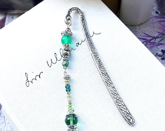 Lesezeichen Metallbügel, 12 cm, Silberfarbe, Glasperlen, Grün, Buchzubehör, Lesezubehör, Froschmotiv, Boho, Seitenmarkierer