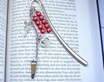 Lesezeichen Krimi, Metallbügel, Silberfarben,  12x1,5 cm, Buchzubehör, Lesezubehör, Seitenmarkierer, Textperlen,