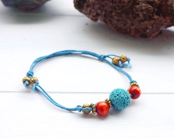 Armband, Lava Schnurarmband , Lavaperle, Armband Schnur ,verstellbar, ,Holzperlen,Knotenarmband