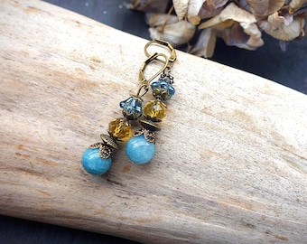 Hängeohrringe, 50x10mm, blaue Chalzedon Perlen, Glasperlen, Schliffperlen, Bronzefarbe Klappbrisuren, Vintagestil,