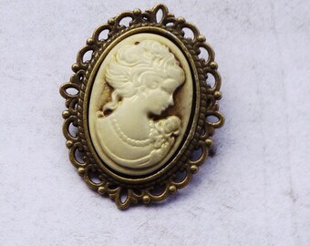 Brooch Cameo, Gemme ,Vintage Style , Plastic Cabochon, bronze, Portrait Lady ,Victorian,Elves Gift,Ready to Ship