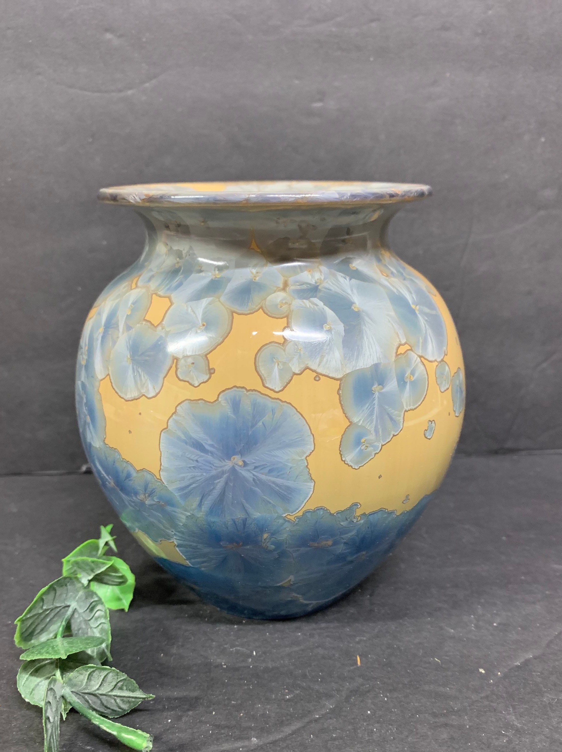 Vintage yellow vase with blue floral design signed studio Etsy