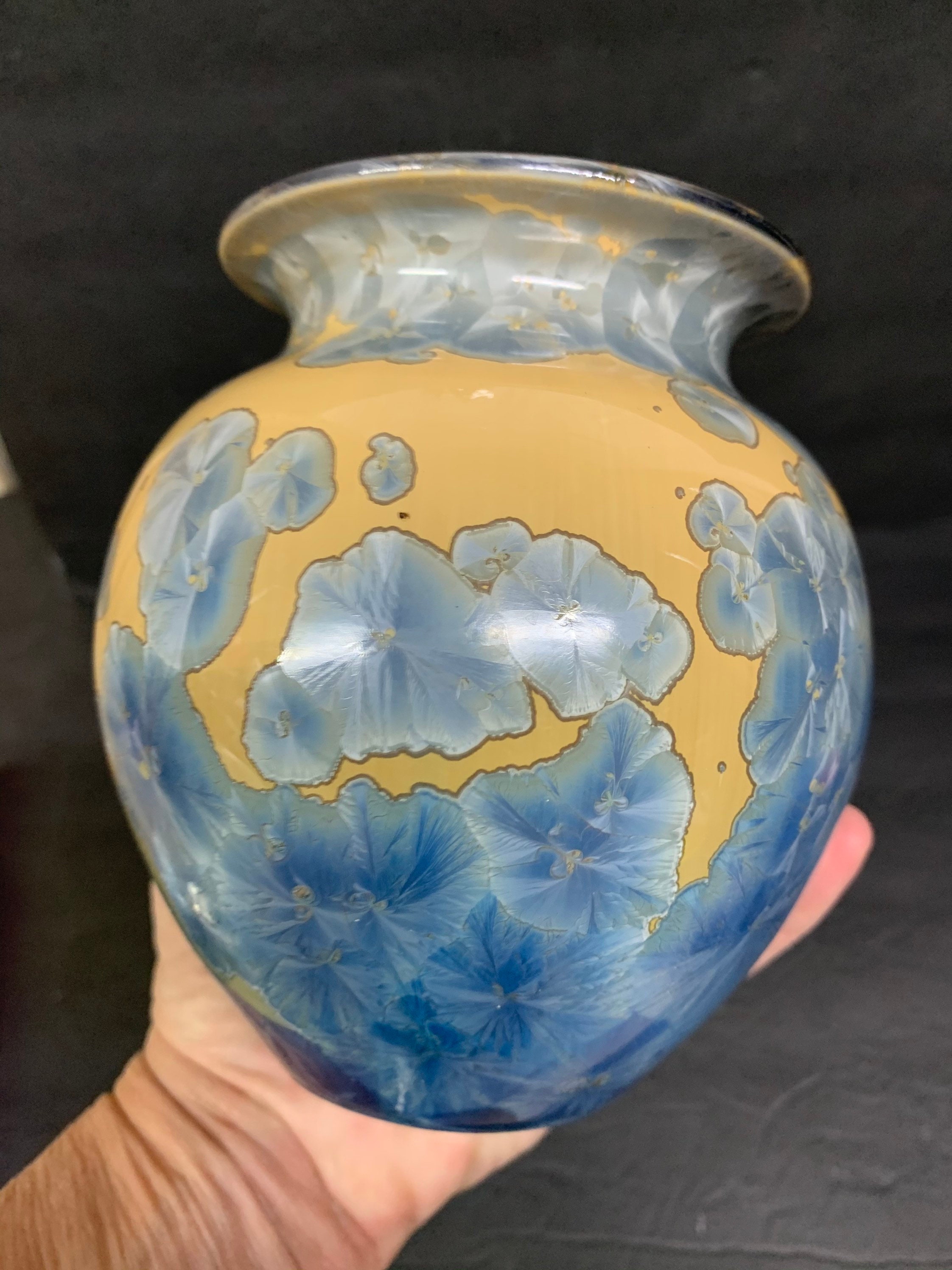 Vintage yellow vase with blue floral design signed studio Etsy