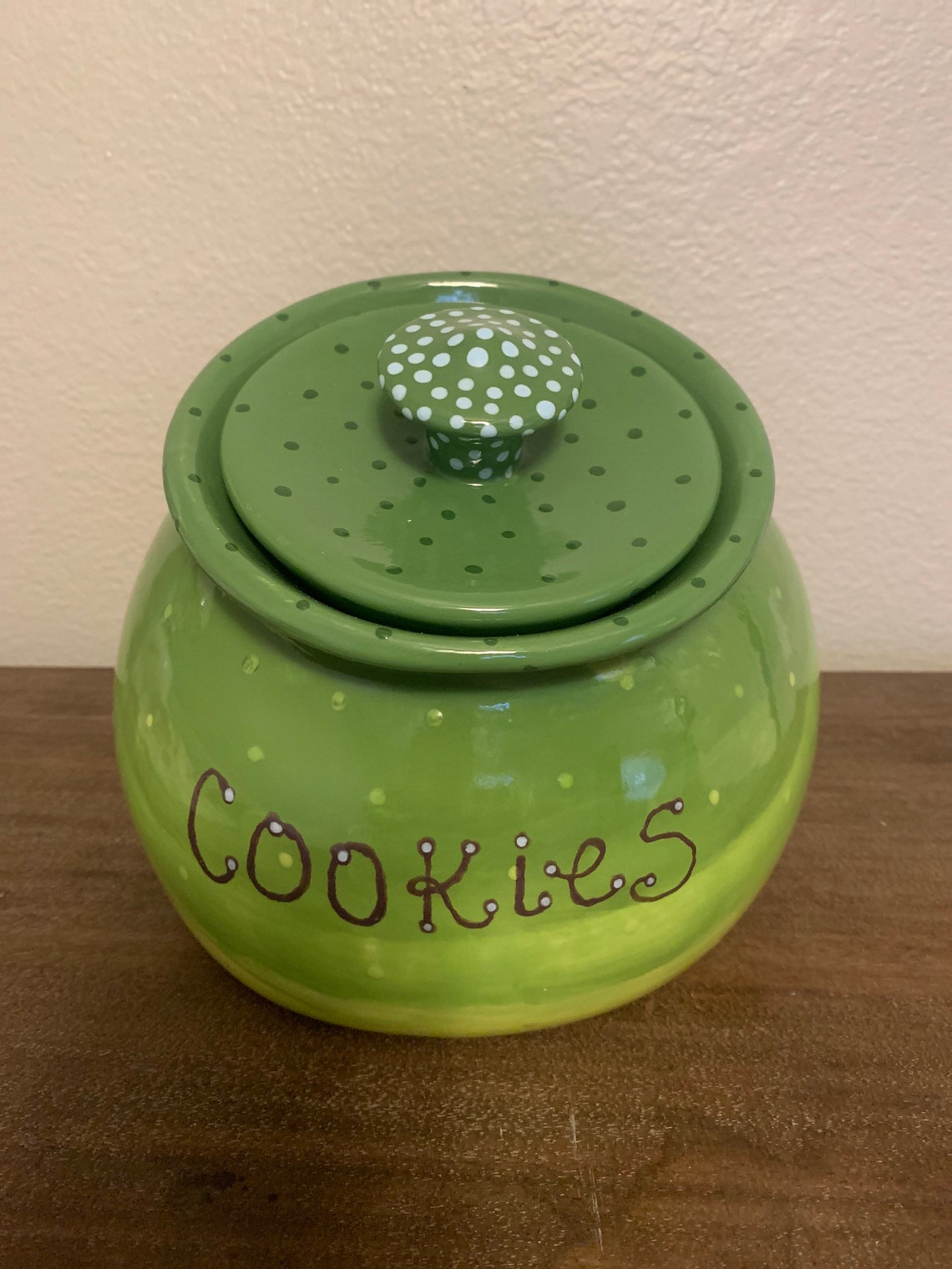 Vintage handmade green ceramic cookie jarhand painted green Etsy