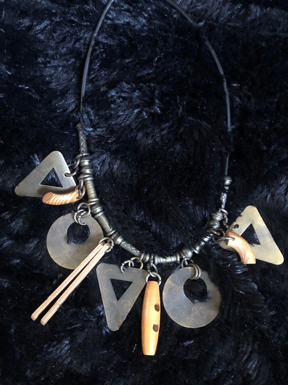 Mid Century Wood Metal Necklace on Rope Chain - Ra