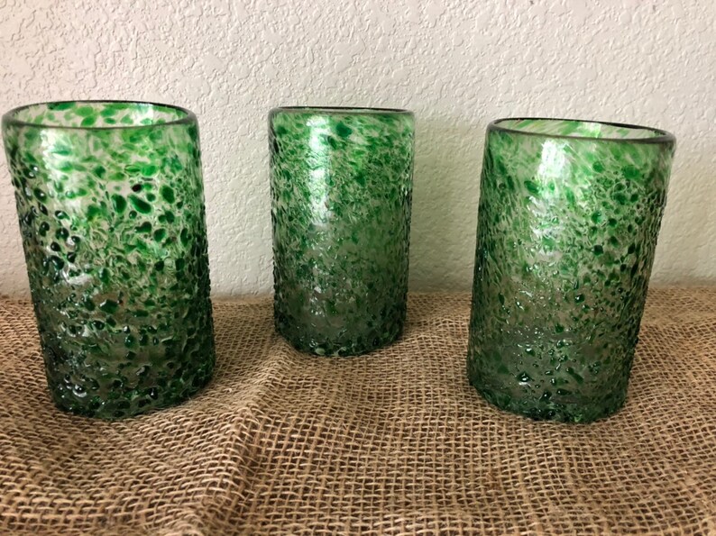 Hand Blown Forrest Green Speckled WaterJuice Glasses 3