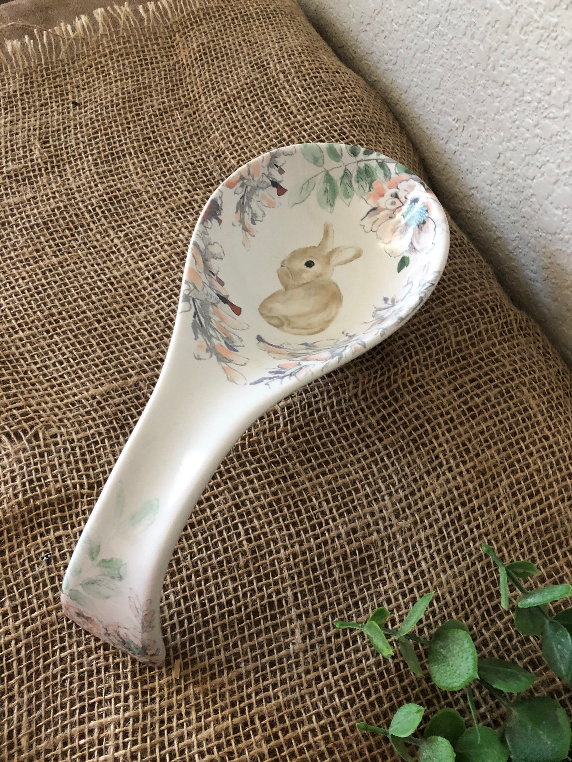 Spring spoon rest bunny floral spoon holder white ceramic Etsy