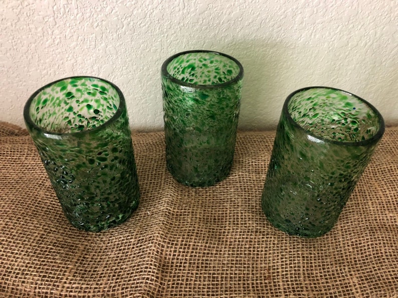 Hand Blown Forrest Green Speckled WaterJuice Glasses 3
