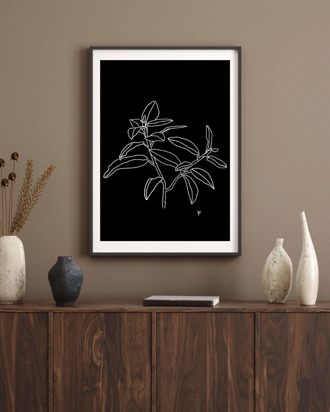 Botanical Line Art Print: Black and White Leaf Drawing (digital ...