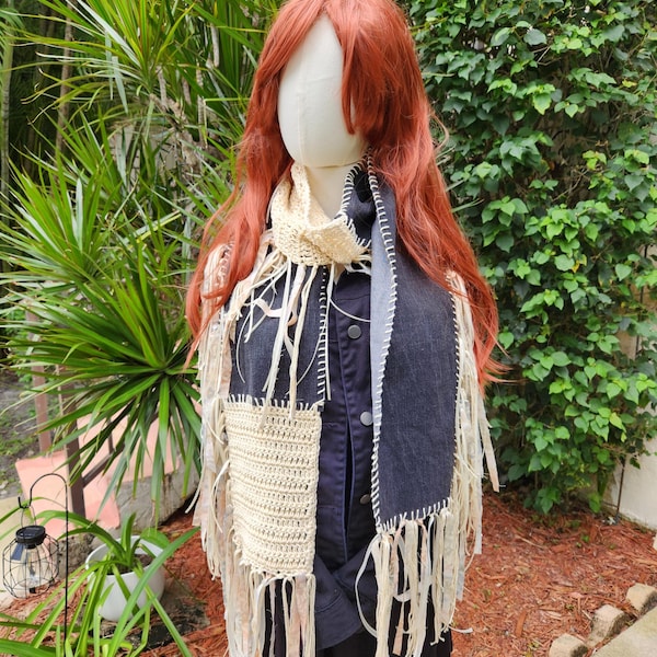 Up-cycled Denim Scarf, Shabby Chic Denim Scarf, Boho - Hippie Denim Scarf, Fashion Scarf, Black and Beige Scarf, Recycled Denim Scarf