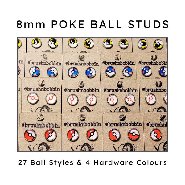 Poke Ball Studs - 1 pair | Minimalist, glossy, lightweight, durable Pokeball Earrings | 8mm trays with 4 colours and 27 ball styles