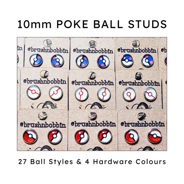 Poke Ball Studs - 1 pair | Minimalist, glossy, lightweight, durable Pokeball Earrings | 10mm tray with 4 colours and 27 ball styles