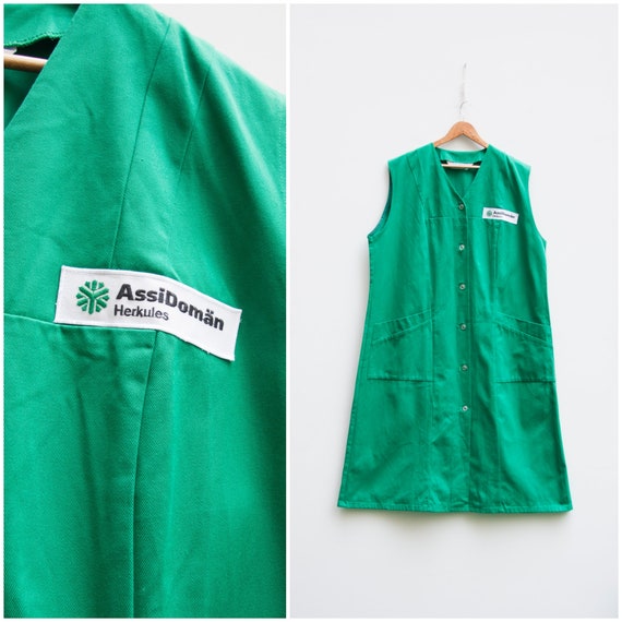 Vintage Work Dress Women XL Green Button Down Dres