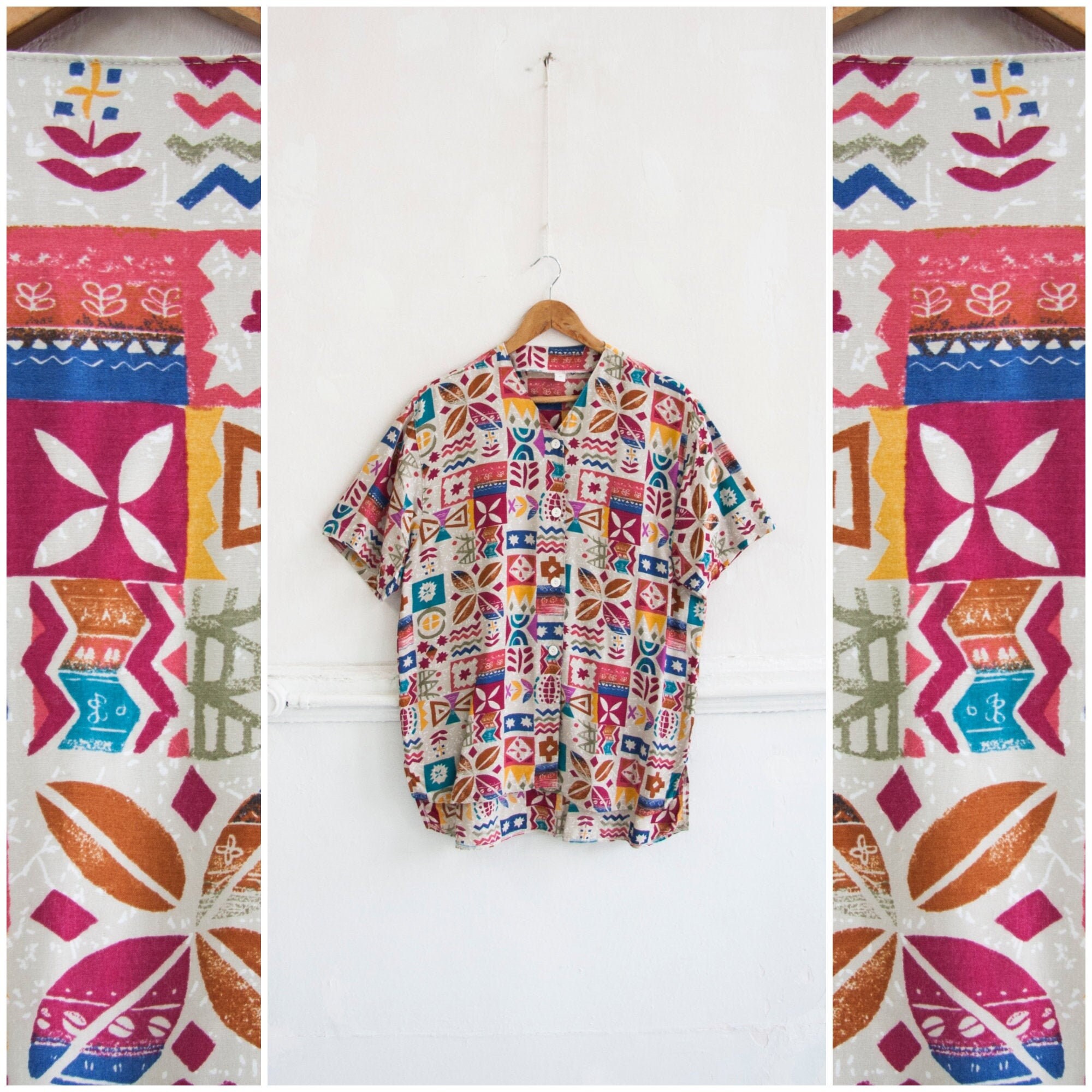 90s Abstract Shirt Women Medium Multi Print Blouse Colorful | Etsy