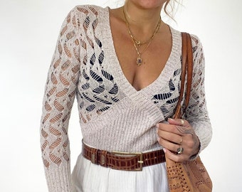 Vintage Witchery neutral beige crochet long sleeve deep V neck jumper