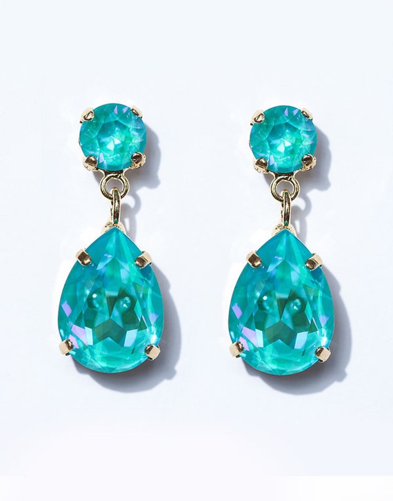 Dangle Drop Swarovski Bridal Earrings, Turquoise Wedding Earrings