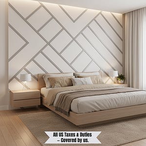 May include: A modern bedroom featuring a light wood bed frame with a beige comforter and pillows. The headboard wall has a geometric design in white and gray. Two bedside tables with lamps flank the bed. A neutral rug and curtains complete the room.