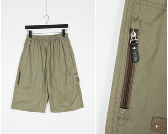 Vintage Cargo Shorts Men XS 90s Green Cargo Pants Khaki Shorts Women Small Baggy Olive Shorts 90s Long Cargo Shorts Men's Above Knee Shorts