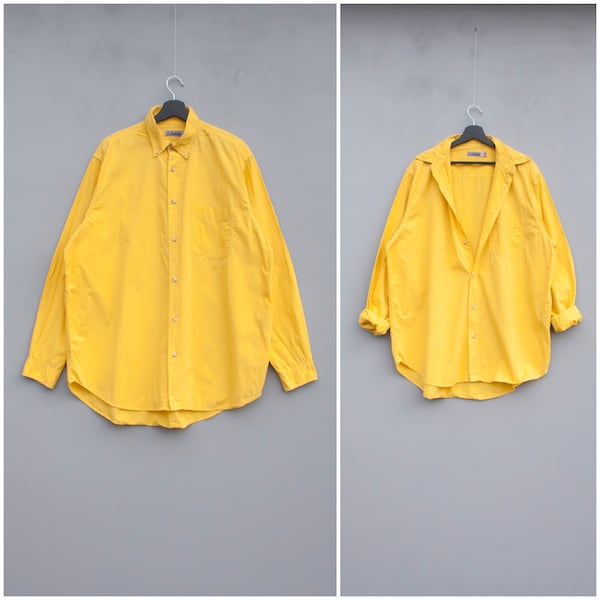 vintage chemise jaune homme XL uni jaune chemise boutonnée pour homme taille XL à manches longues solide chemise jaune vif des années 90 bouton haut femme XXL