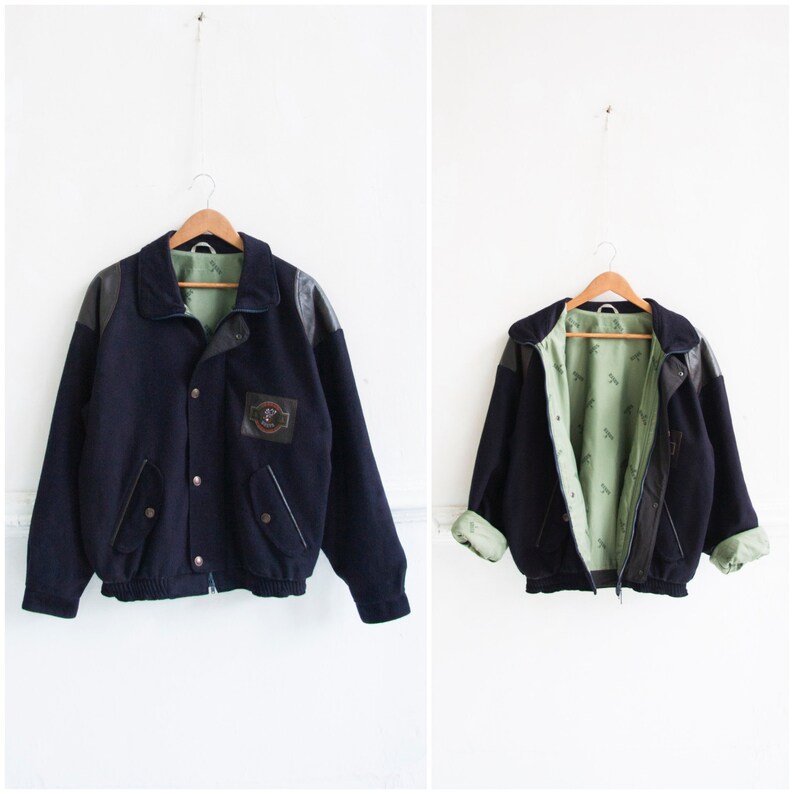 Bomber Jacket Men XS 90s Bomber Jacket Dark Blue Wool Bomber Jacket 80s Baggy Jacket Women Small Retro Wool Jacket Men XS 80s Varsity Jacket