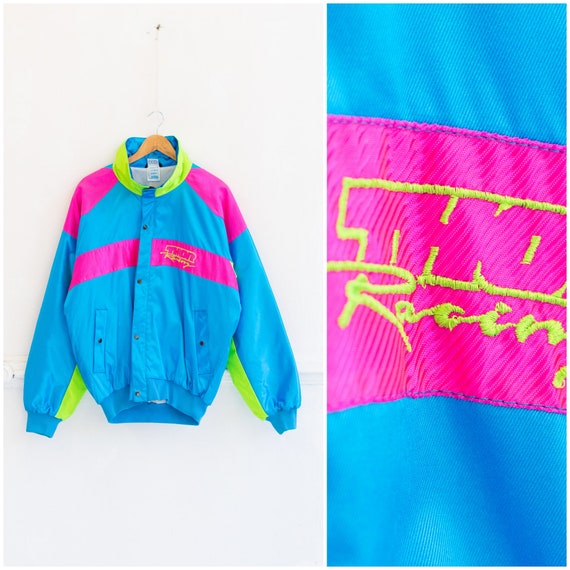 Vintage Neon Jacket Mens M 80s Neon Bomber Jacket