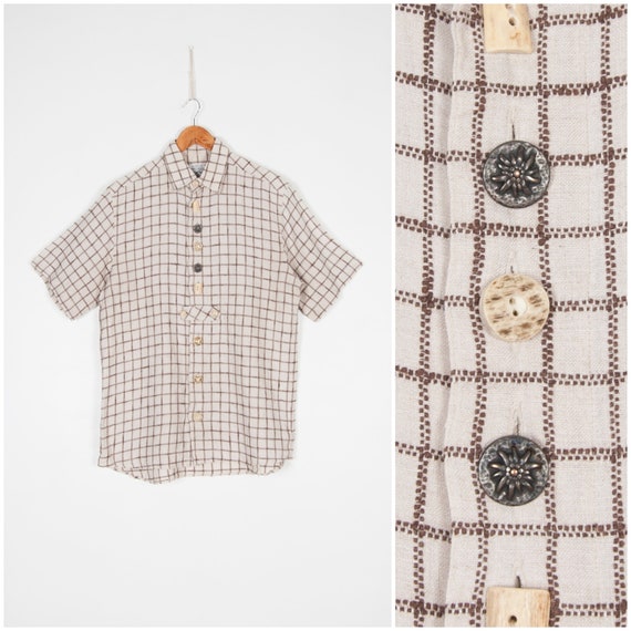 Vintage Linen Shirt Men Medium 90s Trachten Shirt… - image 1