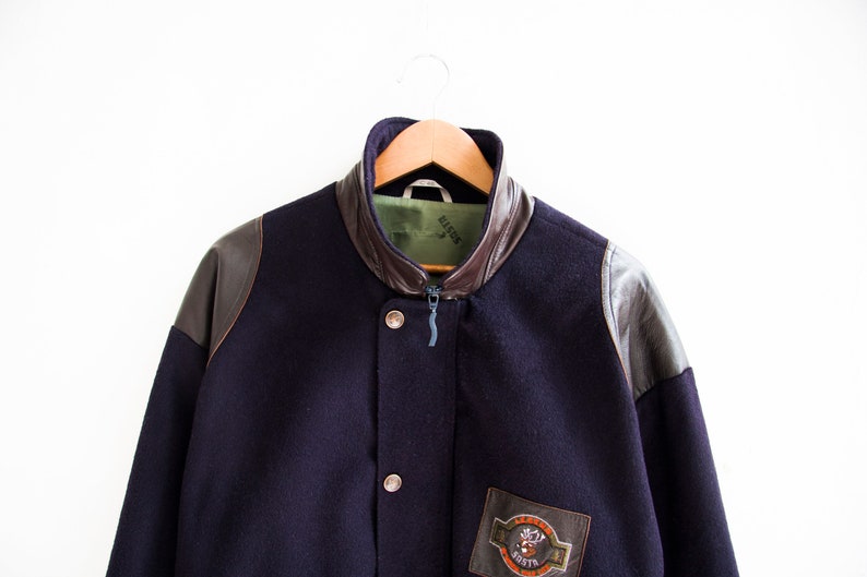 Bomber Jacket Men XS 90s Bomber Jacket Dark Blue Wool Bomber Jacket 80s Baggy Jacket Women Small Retro Wool Jacket Men XS 80s Varsity Jacket
