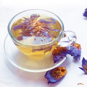 May include: A glass cup with a clear tea infuser filled with a purple flower tea. The tea is a light yellow colour. There are several purple flower petals scattered around the cup.