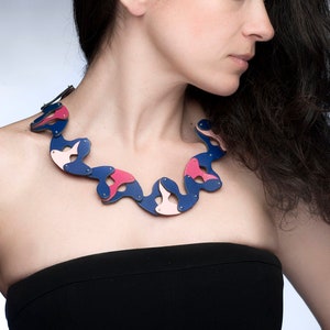 Contemporary necklace, Colorful leather necklace, Short collar necklace, Blue purple pink neckpiece, Spring gift, 3rd year anniversary gift image 1