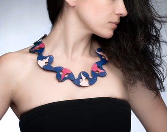 Contemporary necklace, Colorful leather necklace, Short collar necklace, Blue purple pink neckpiece, Spring gift, 3rd year anniversary gift