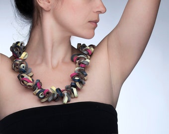 Unique colorful leather necklace, Statement neckpiece, Impressive leather jewelry, Multicolored necklace for her, Beautiful leather garland