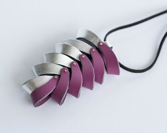 Long affordable leather pendant, Pinecone inspired, Silver and purple, Easy wear and light weight, Contemporary gift