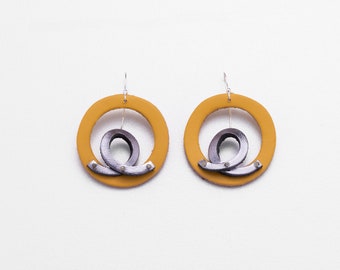 Yellow round leather earrings with silver 925 hooks, Easy wear and lightweight, Design simplicity item, Affordable gift