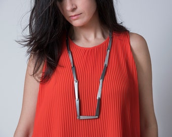 Long leather minimal necklace, Silver and gray leather, Simple linear design, Everyday use, Gift under 50 euros