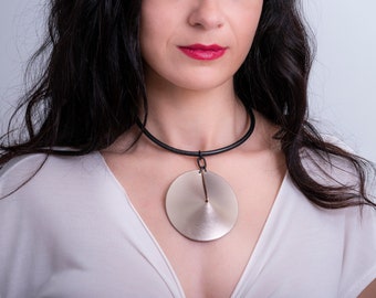 Grecian chic leather necklace, Big metallic cone pendant, Bold geometric neckpiece, Glam gift for her