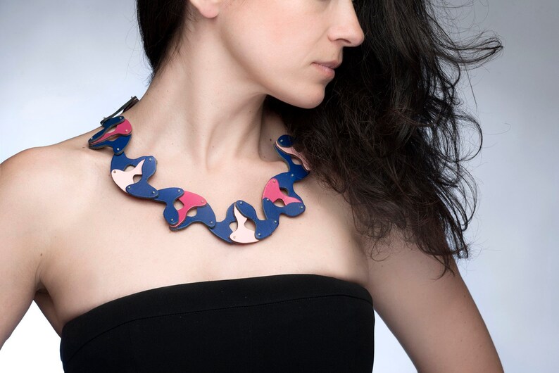 Contemporary necklace, Colorful leather necklace, Short collar necklace, Blue purple pink neckpiece, Spring gift, 3rd year anniversary gift image 1