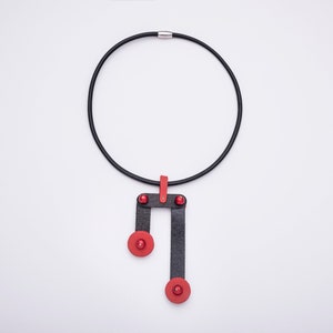 Contemporary leather necklace, Black & red, Notes inspired pendant, Architectural neckpiece, Extraordinary gift for Valentines image 2