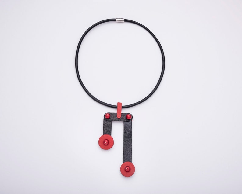 Contemporary leather necklace, Black & red, Notes inspired pendant, Architectural neckpiece, Extraordinary gift for Valentines image 2